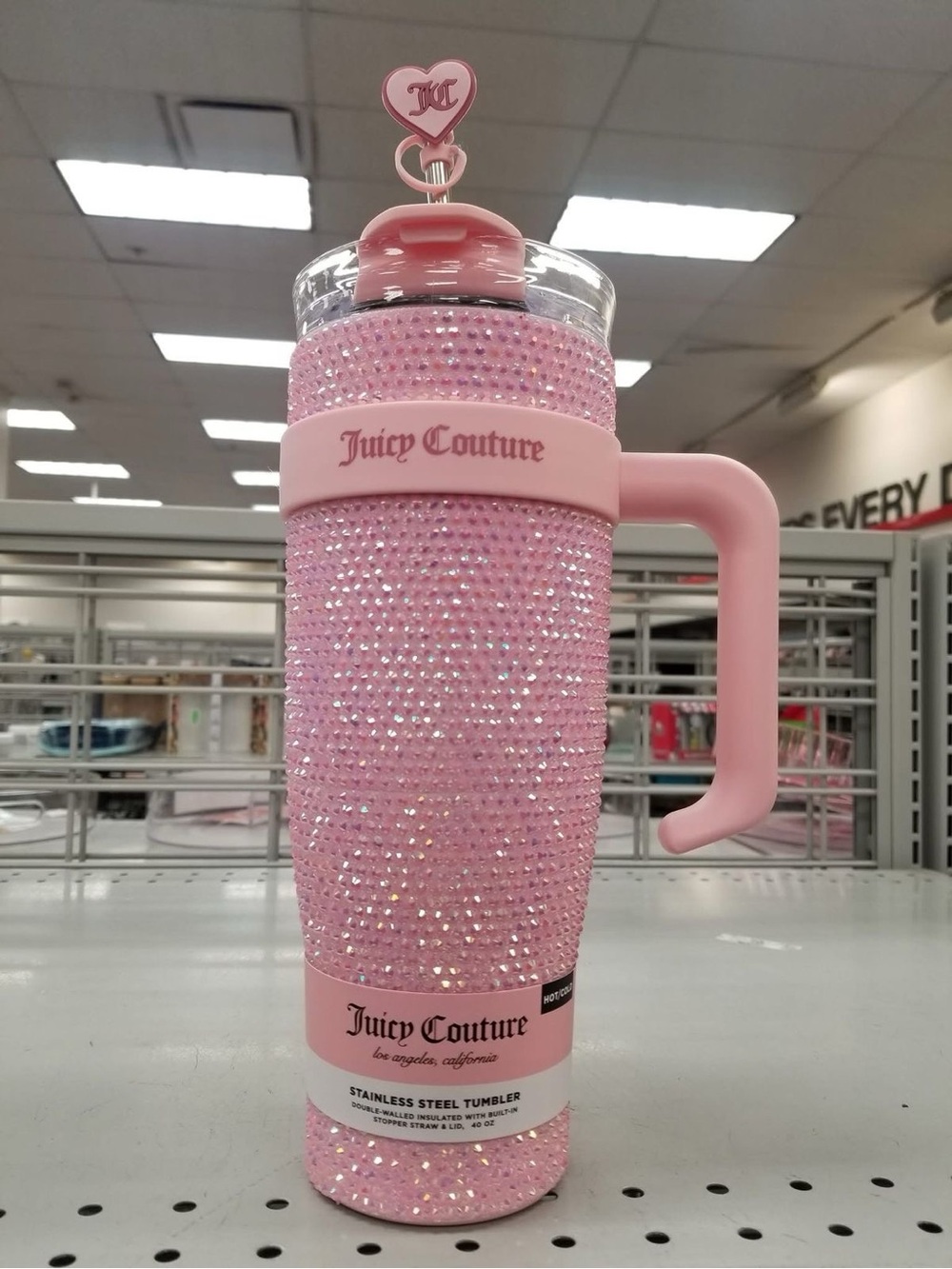 Juicy Couture Pink Crystal Stainless Steel Tumbler with Handle